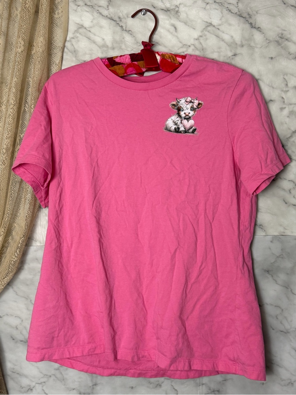 Highland Cow Heart Tee Bubblegum Pink Western Cottage Cute Calf Cowgirl L Cotton